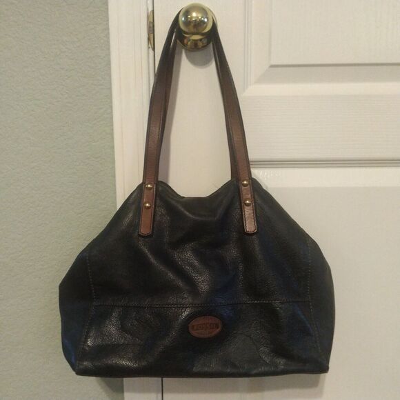 Fossil Black and Brown Pebble Leather Women's Tote Shoulder Bag - Picture 1 of 16